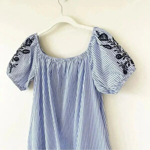 Who What Wear Embroidered Puff Sleeve Striped Midi Dress M EUC